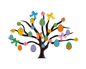Vector illustration of Easter tree. Tree with Easter eggs, flowers and bows. Isolated on white background.