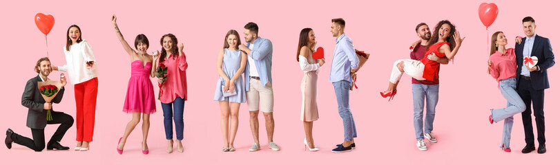 Obraz premium Set of happy young couples on pink background. Valentine's Day celebration