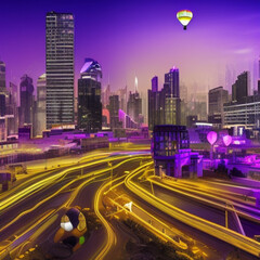 Fototapeta premium A city at night with a hot air balloon in the sky