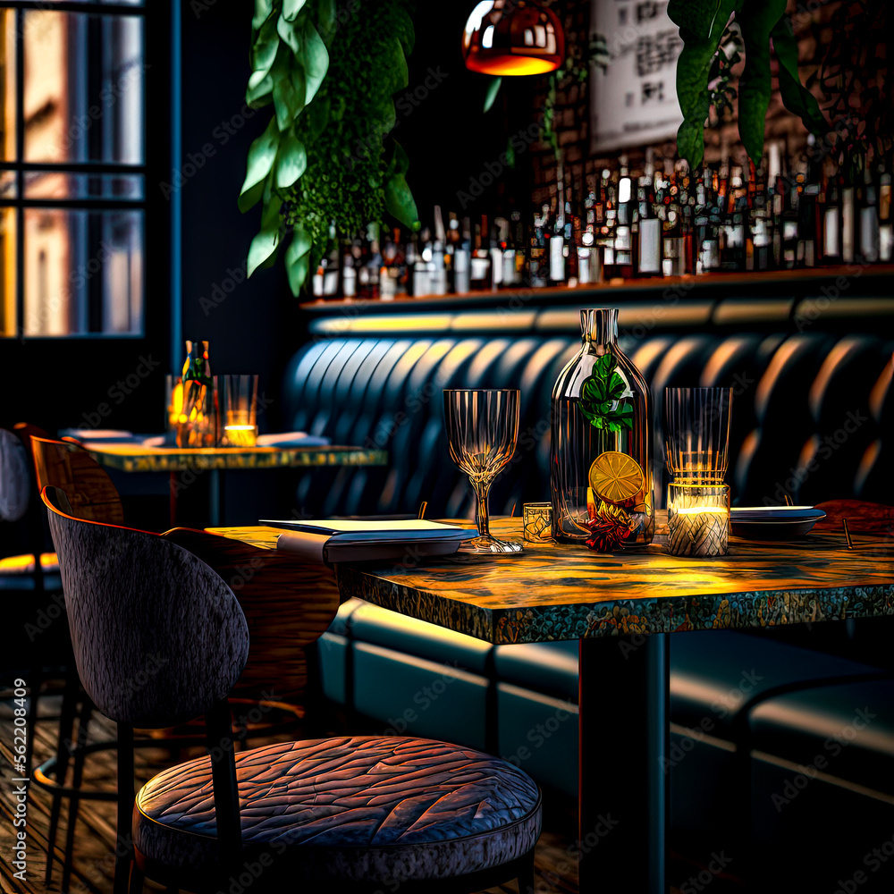 Poster a bar with a couple of glasses and bottles of alcohol on the table - generative ai