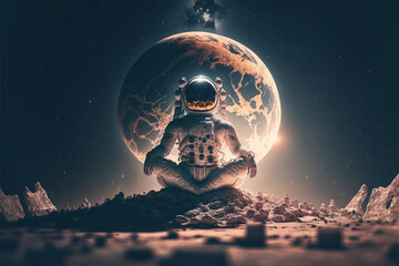 Obraz na płótnie Canvas astronaut in the lotus position meditates on the moon, the concept of a conscious spiritual person created by artificial intelligence, art