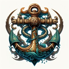Nautical sailor deep sea logo with ship and anchor isolated design - obrazy, fototapety, plakaty