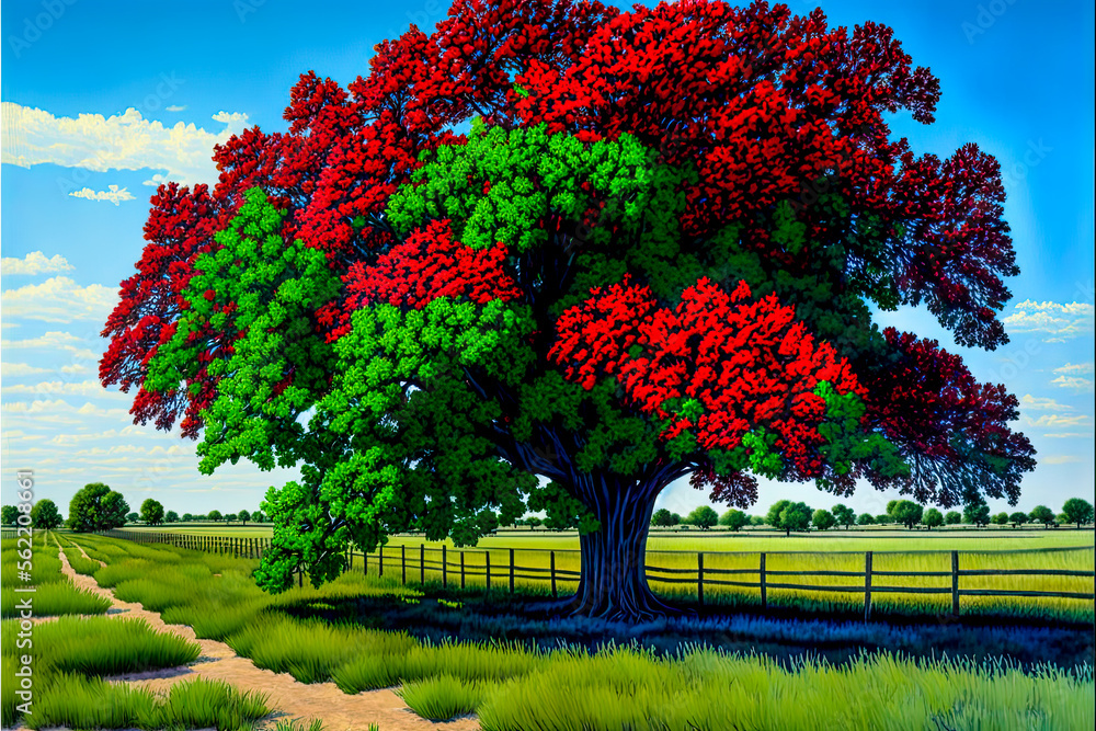 Poster a tree with red flowers - generative ai