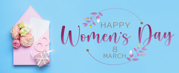 Greeting card for International Women's Day with gift, envelope and flowers