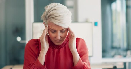 Paperwork, meeting and headache of business woman stress, tired or anxiety thinking of documents review. Burnout, fatigue and focus problem of senior manager or boss in office chaos and busy hands