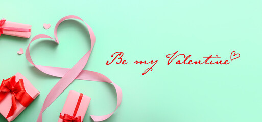 Fototapeta na wymiar Banner for Valentine's Day with heart made of ribbon and gifts on turquoise background