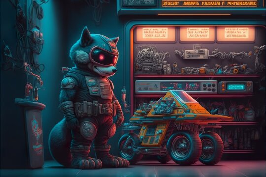 Toy robot fox with arcade machines in cyberpunk synthwave style in 80s illustration