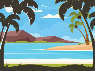 Fototapeta na wymiar Paradise beach vector. Sea panorama. Tropical palm trees amazing seashore on mountain background. Summer vacation. Vector graphics