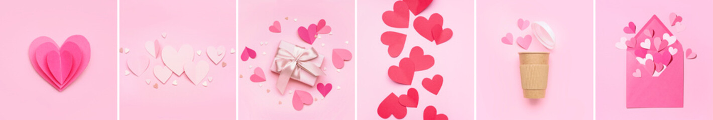 Collage with many paper hearts on pink background. Valentine's Day celebration