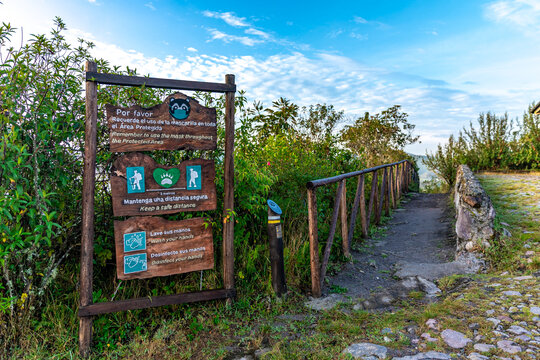 Ecuador - October 7, 2022: Cuicocha crater lake, trail markings in the national park