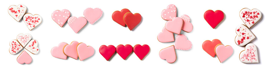 Set of tasty heart-shaped cookies for Valentine's Day on white background