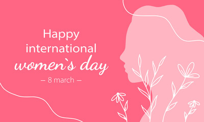 International Women's Day March 8th celebration. Vector illustration banner with woman silhouette and flowers in pink colors