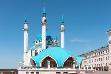 Majestic white stone minarets of the Kul Sharif mosque in Kazan, Tatarstan, Russia