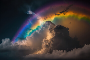 Rainbow over the clouds, after storm colorful background, genereative ai