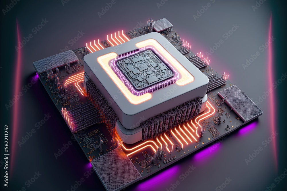Poster microchip bearing a pictorial representation of a conceptual image technology. bright white neon an 