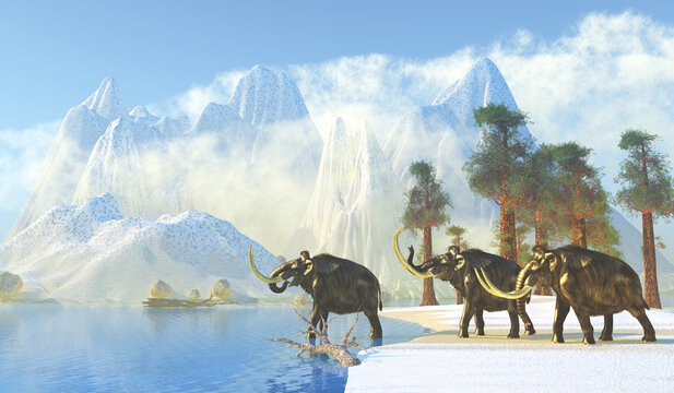 Mammoth Winter - Winter thawing brings a herd of Woolly Mammoths down to drink from a lake during the Pleistocene Period.