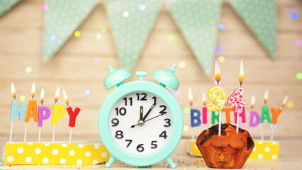 Happy birthday greeting card with muffin pie and retro clock on clock hands new birth. Beautiful...