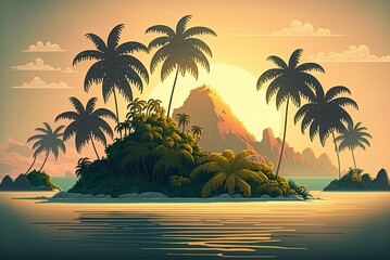Plakat Sunrise on a tropical island, palm trees and the ocean. Generative AI