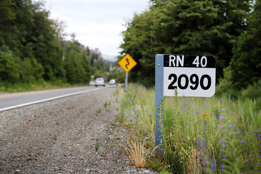 
Signpost for National Route 40, also known as RN40 or "Ruta 40" of Argentina. Famous route that runs from north to south of the country. Kilometer sign. Wayside. 