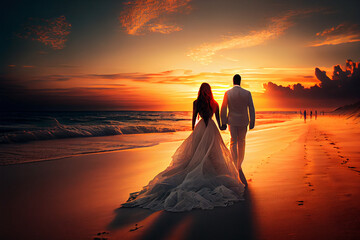 Fototapeta na wymiar Braut und Bräutigam spazieren im Sonnenuntergang an einem traumhaft schönen Strand entlang - Ai generiert