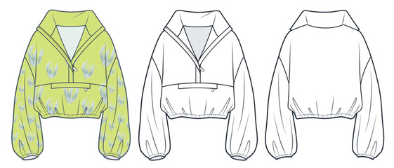 Crop Sweatshirt technical fashion Illustration, floral design. Unisex Jacket fashion flat technical drawing template, zip-up, front and back view, white, lime color, women, men, unisex CAD mock-up set © Liubov Hladka