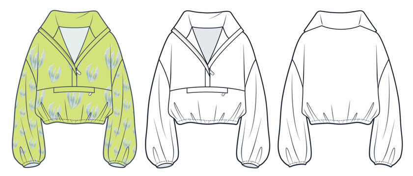 Crop Sweatshirt Technical Fashion Illustration, Floral Design. Unisex Jacket Fashion Flat Technical Drawing Template, Zip-up, Front And Back View, White, Lime Color, Women, Men, Unisex CAD Mock-up Set