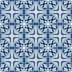 Indigo Dye Wash Coastal Damask Quilt Seamless Pattern. Washed out Geometric Dip Dyed Blur effect for Nautical and Marine Ocean Blue Interior Textile Backgrounds with Linen Texture Tile