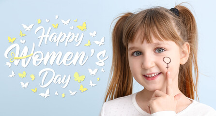 Little girl with symbol of woman drawn on her face against light blue background. Greeting card for...