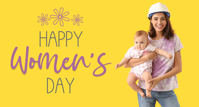 Young woman with baby on yellow background. Greeting card for International Women's Day - Powered by Adobe