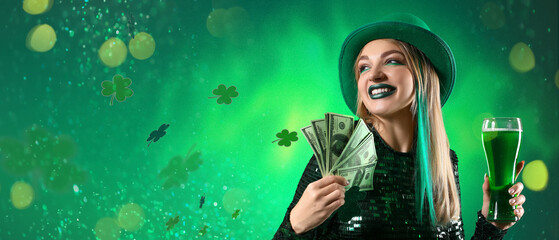 Banner with beautiful woman holding money and glass of beer on green background. St. Patrick's Day