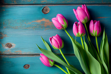 Wunderschöne rosa Tulpen auf blauen Holztisch mit Platzhalter. Perfekter Hintergrund für den Frühling, Valentinstag, Ostern, Geburtstag, Hochzeit, Muttertag und Weltfrauentag - Ai generiert
