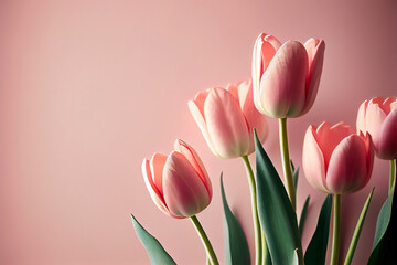 Wunderschöne rosa Tulpen auf Hintergrund mit Platzhalter. Perfekter Hintergrund für den Frühling, Valentinstag, Ostern, Geburtstag, Hochzeit, Muttertag und Weltfrauentag - Ai generiert
