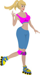 A young girl is rollerblading. She rests and plays sports. She is smiling and happy.