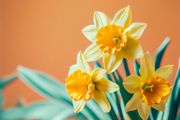 Wunderschöne gelbe Narzissen isoliert auf Hintergrund mit Platzhalter. Perfekter Hintergrund für den Frühling und Ostern - Ai generiert