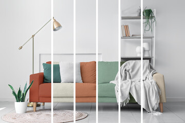 New sofa in different colors, lamp and rack near light wall in room