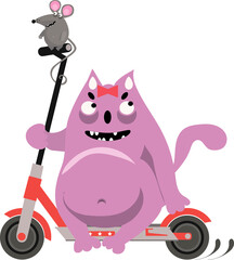 A little cheerful mouse rides an electric scooter with a big pink cat. They are smiling. They're happy. Cartoon.