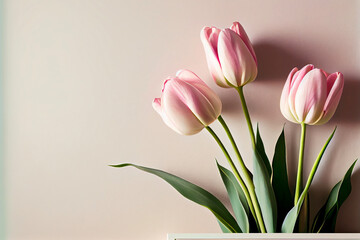 Fototapeta premium Wunderschöne rosa Tulpen auf Hintergrund mit Platzhalter. Perfekter Hintergrund für den Frühling, Valentinstag, Ostern, Geburtstag, Hochzeit, Muttertag und Weltfrauentag - Ai generiert