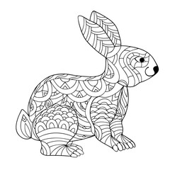 Hand drawn spring rabbit. Coloring book page antistress of baby bunny for adults and children. Cute doodle cartoon animal. Vector outline sketch illustration isolated on white background