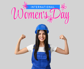 Female worker against light background. Greeting card for International Women's Day