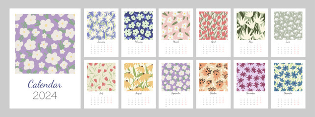Floral calendar template for 2024. Vertical design with bright colorful flowers and leaves. Editable illustration page template A4, A3, set of 12 months with cover. Vector mesh. Week starts on Monday. - obrazy, fototapety, plakaty