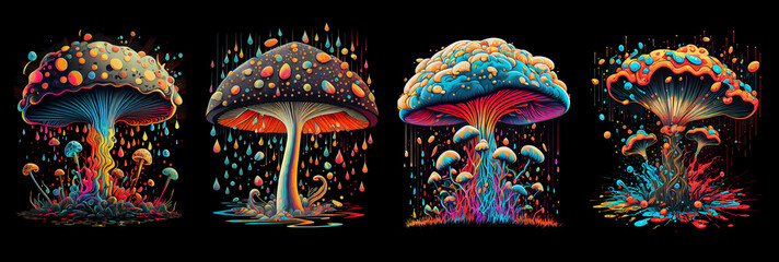 Set of psychedelic dripping mushrooms. Generative AI.