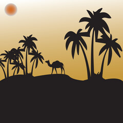 silhouette of palm trees and camel on sunset