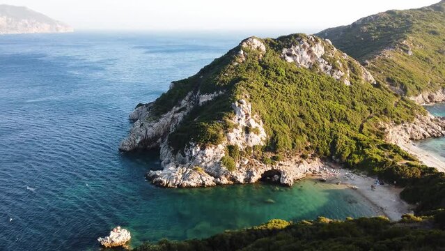 itablishing shot of Timoni beach and Ionian sea on Korfu, Greece, panoramic shot