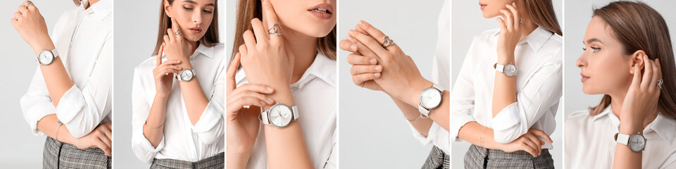 Collage of pretty young woman with stylish wristwatch on light background, closeup