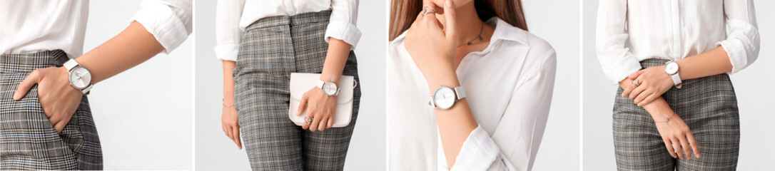 Collage of pretty young businesswoman with stylish wristwatch on light background, closeup