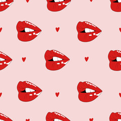 Seamless pattern with red lips and heart. Love theme, feminine design, Valentine's day. Romantic background for textile, fabric, wallpaper design. Isolated vector illustration