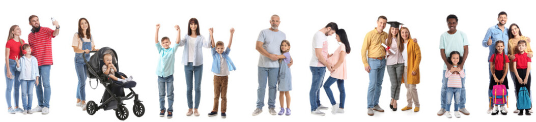 Collage of happy families on white background