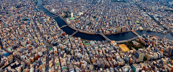 Aerial view of the Sumida River in Tokyo