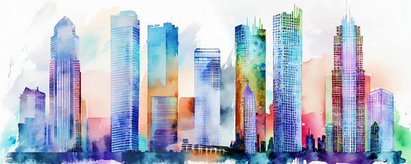 watercolor background city skyscrapers colored watercolor drawing. multicolor rainbow element Generative AI