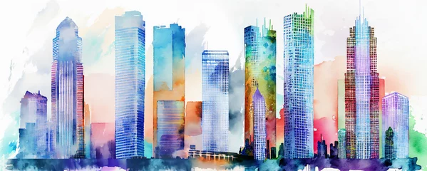 Möbelaufkleber Aquarellmalerei Wolkenkratzer watercolor background city skyscrapers colored watercolor drawing. multicolor rainbow element Generative AI